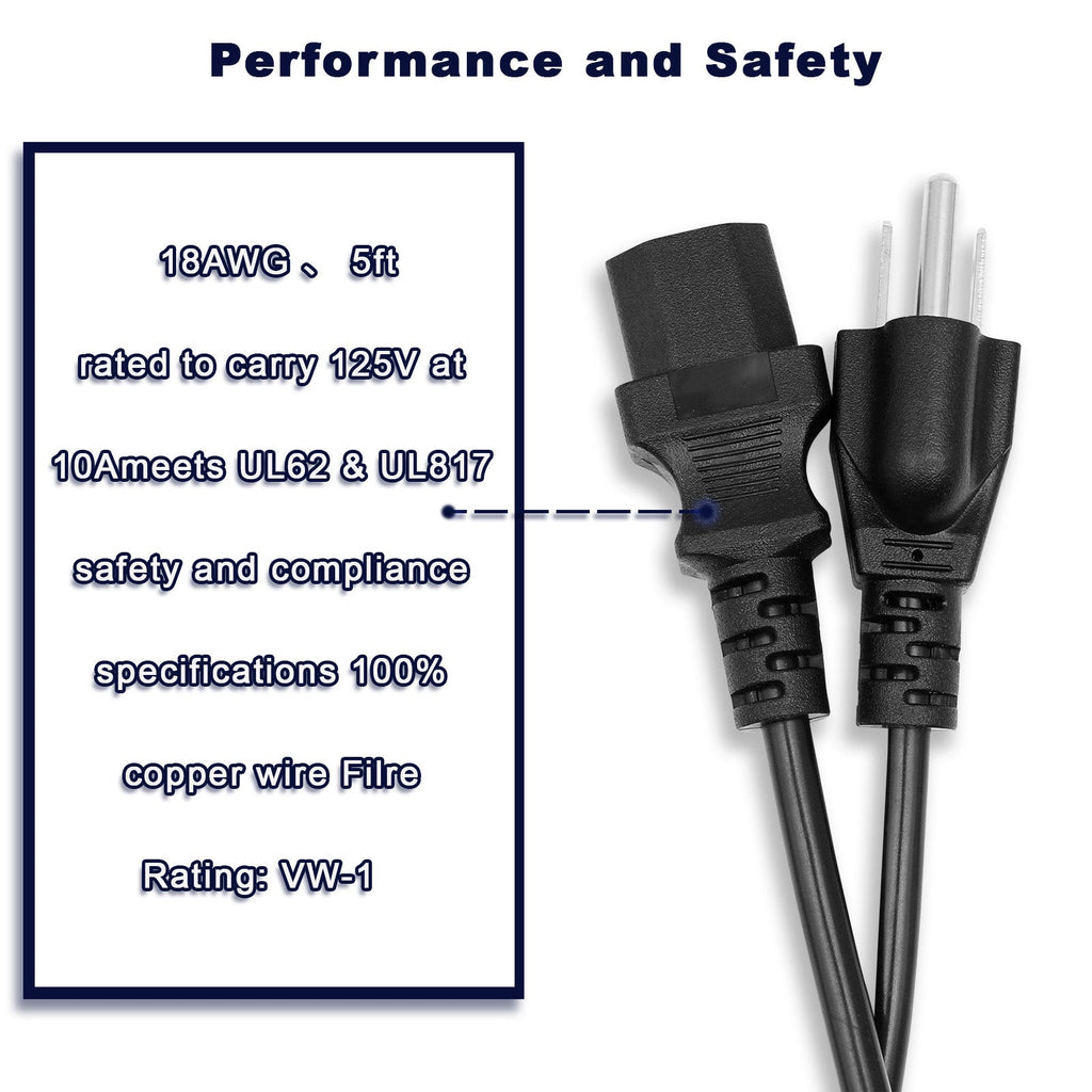 Custom 3 - Prong NEMA 5 - 15P to C13 Power Cord | UL Certified | Computer & Appliance Cable | Custom Length Available - Ohmly