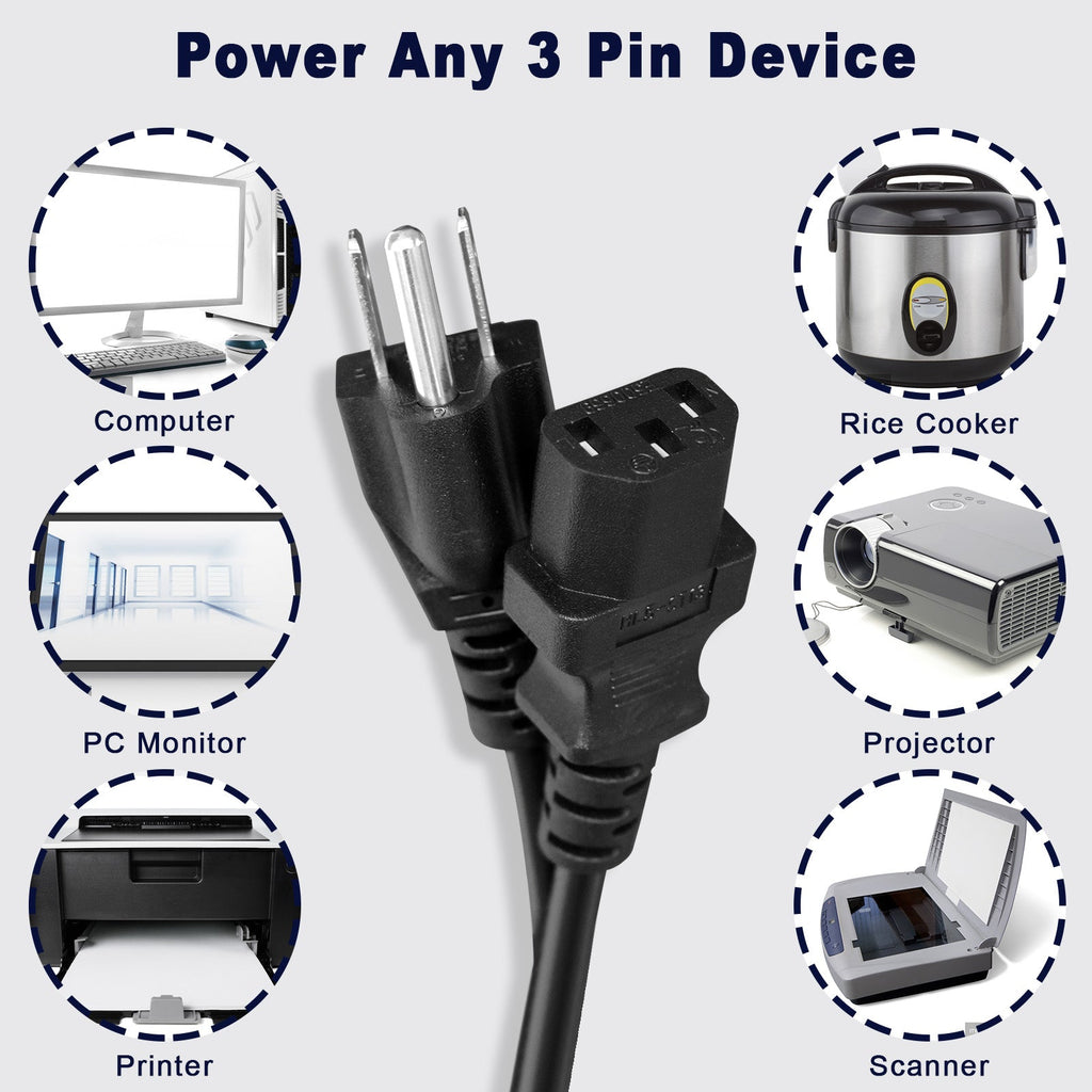 Custom 3 - Prong NEMA 5 - 15P to C13 Power Cord | UL Certified | Computer & Appliance Cable | Custom Length Available - Ohmly